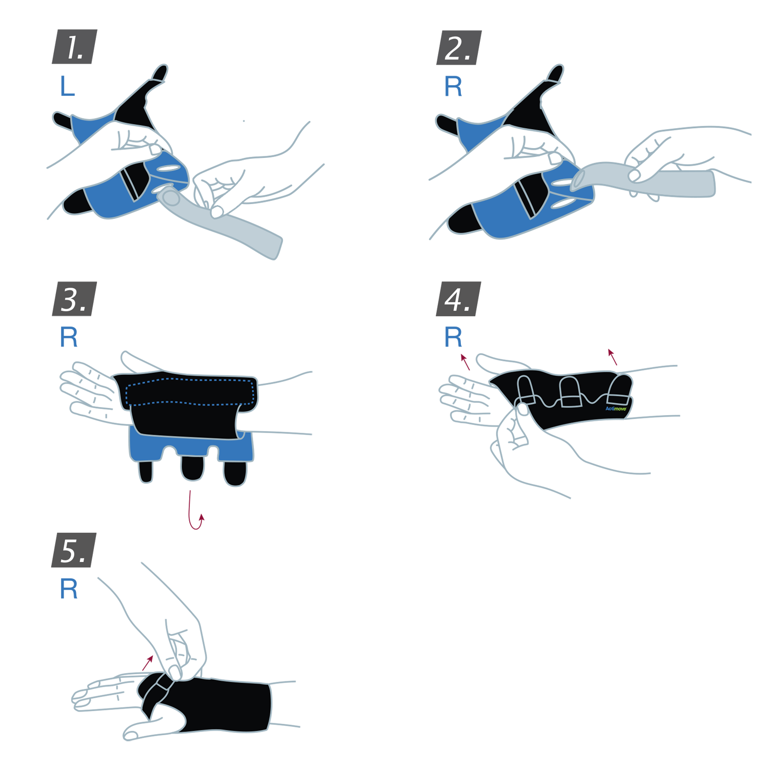 How to put on the Actimove Sports Edition Wrist Stabilizer Adjustable: Pull brace on your wrist and secure the straps
 How to put on the Actimove Sports Edition Wrist Stabilizer Adjustable: Pull brace on your wrist and secure the straps